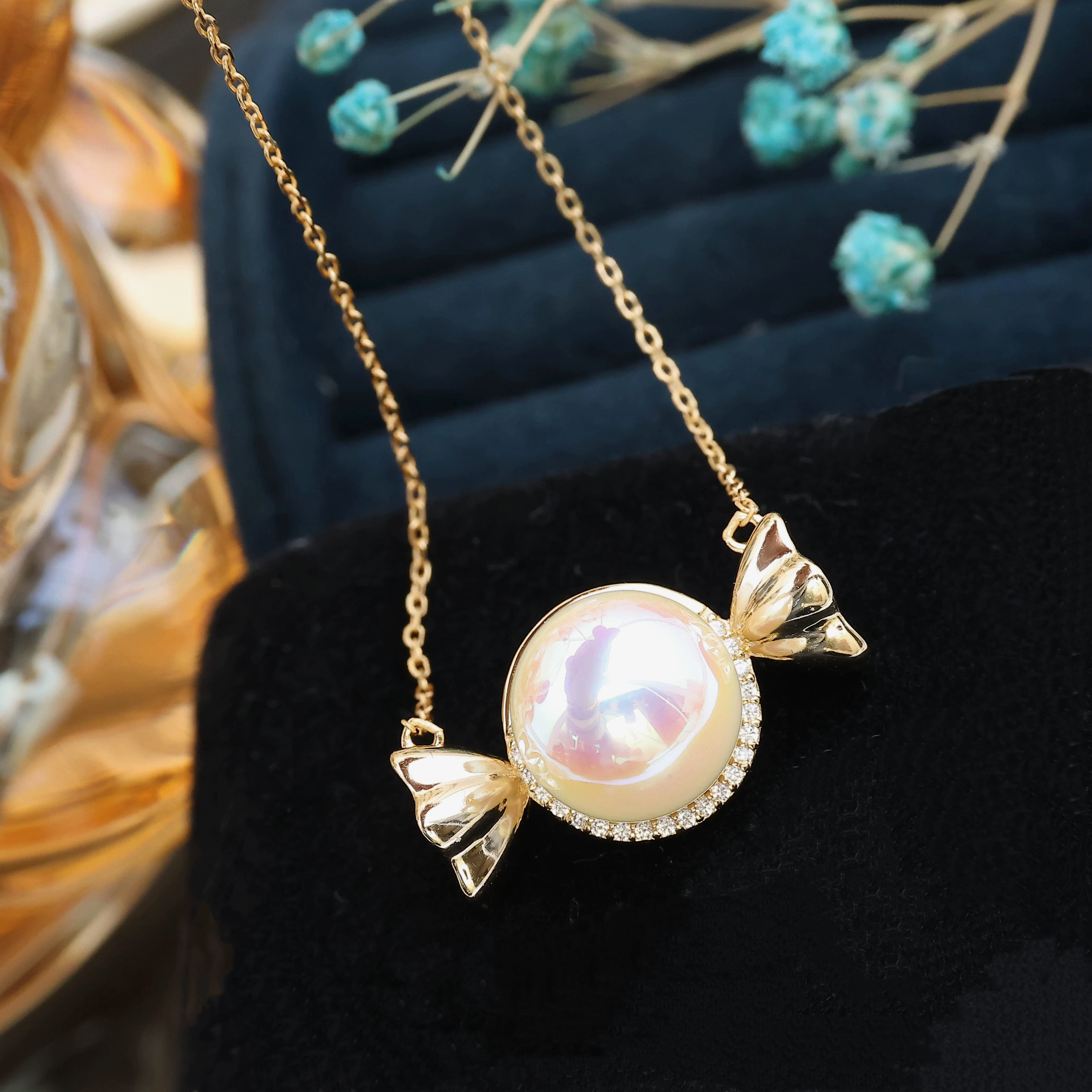 DIY珍珠配件 S925纯银可爱糖果套链空托 含吊坠项链坠12-14mm圆扁