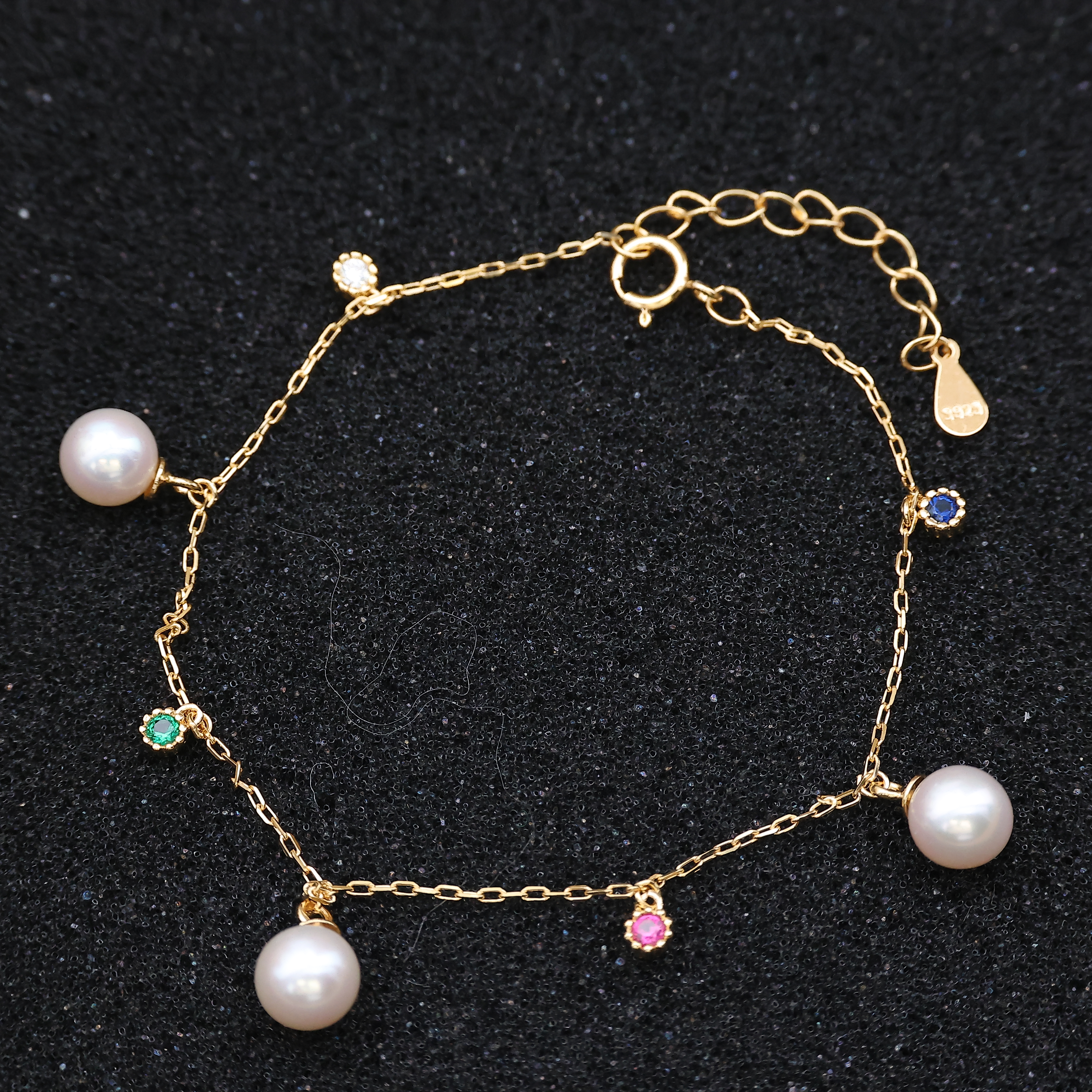 DIY珍珠配件 S925纯银彩钻三珠手链空托 手串饰品手饰配5-8mm圆椭