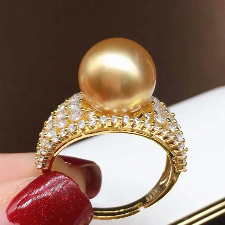 DIY饰品配件 S925纯银精工闪亮锆石18K金款开口珍珠戒指空托女神