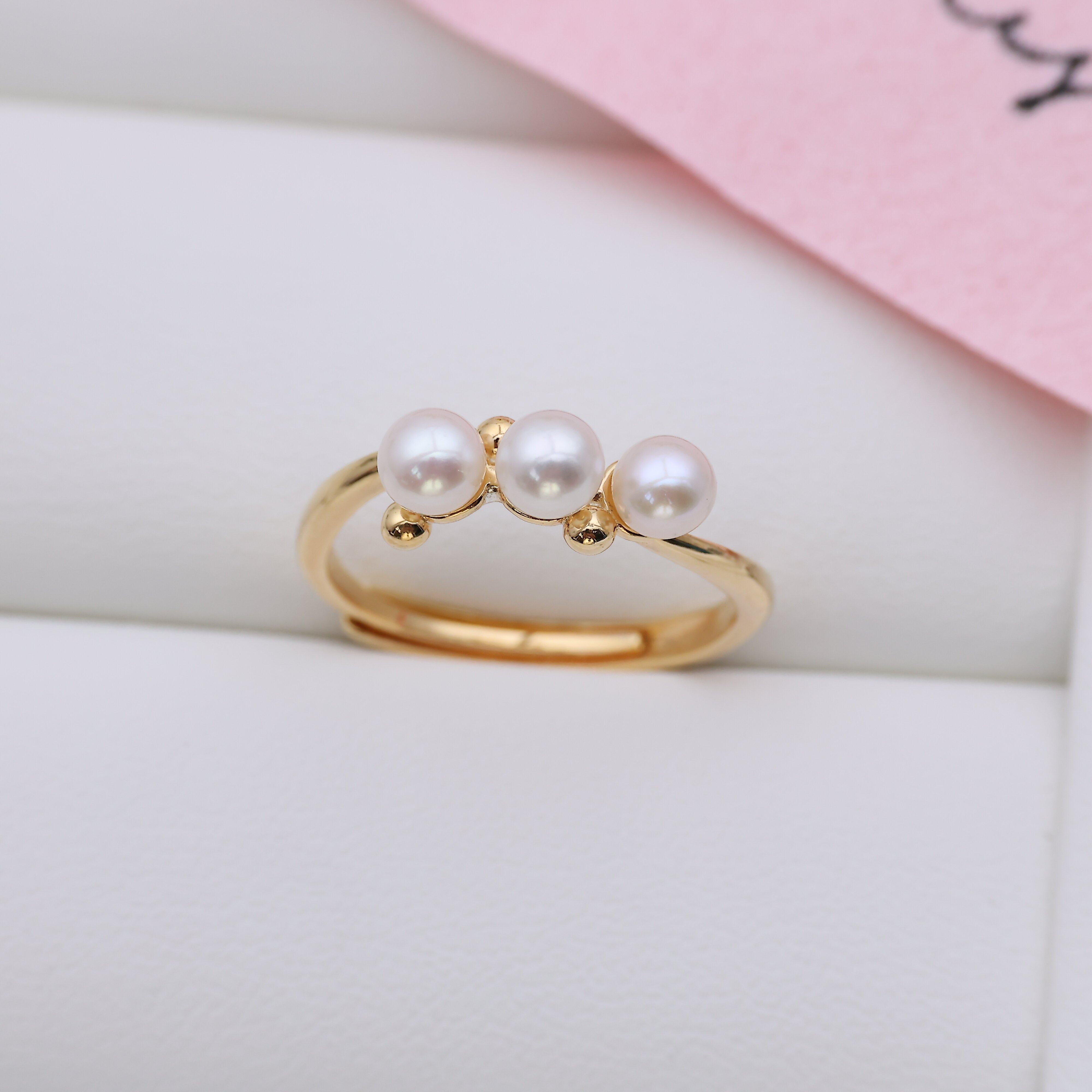 DIY配件 S925纯银小清新三珠戒指空托 珍珠指环手饰指圈3.5-4.5mm