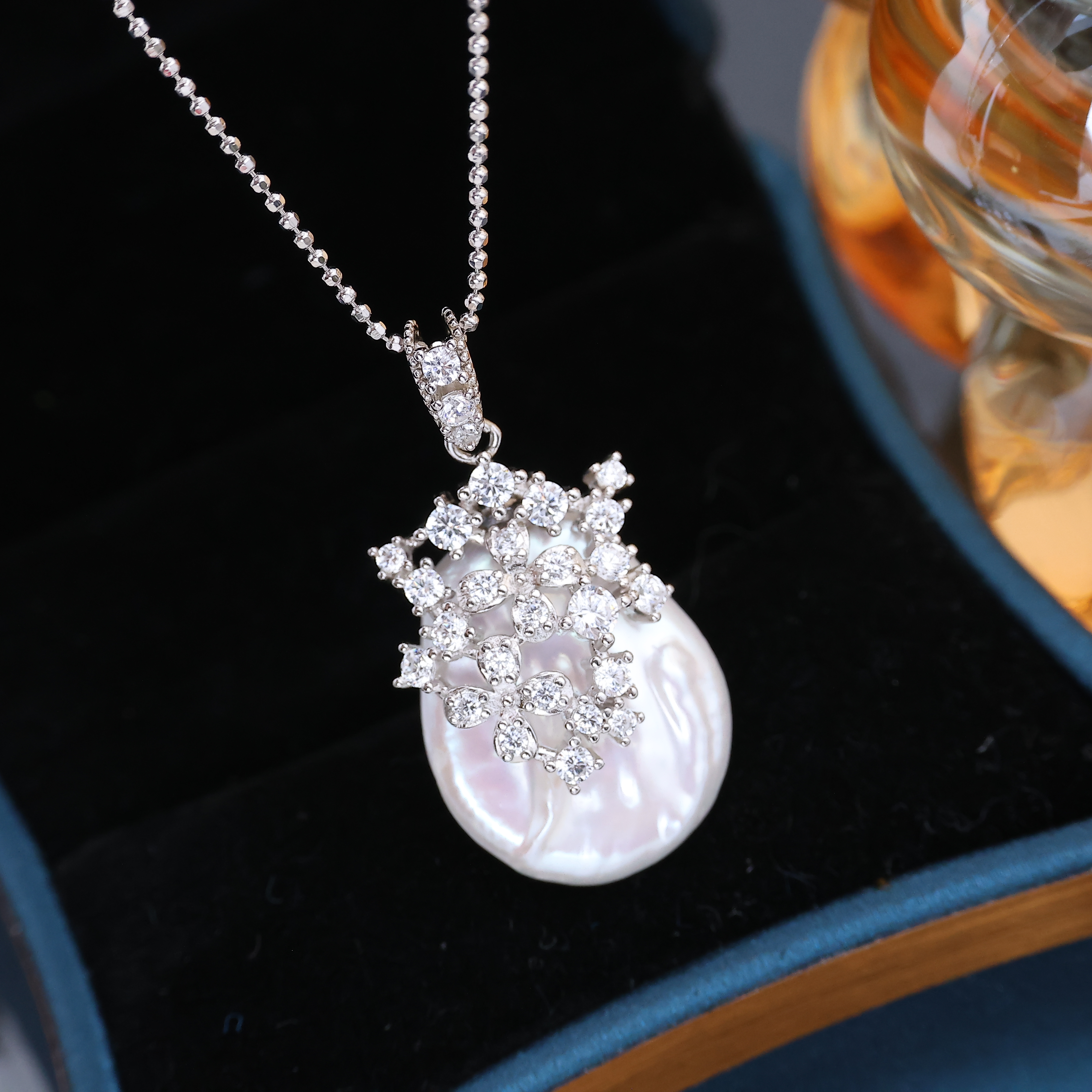 DIY配件 S925纯银豪华满钻遮瑕巴洛克吊坠空托 珍珠项链挂坠托