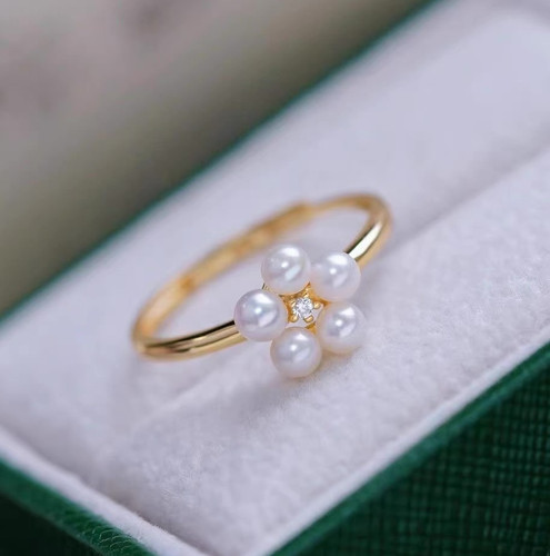 DIY配件 S925纯银气质五珠戒指空托 多珠珍珠指环戒托指圈3-4mm圆