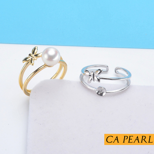 DIY配件 S925纯银双排蝴蝶款开口可调节珍珠戒指空托半成品手饰女