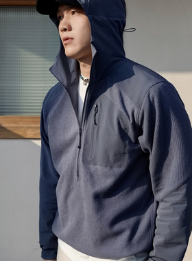 SOS春季户外弹力拼接半拉链卫衣压胶口袋抓绒连帽套头衫休闲运动