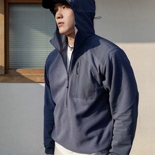 SOS春季户外弹力拼接半拉链卫衣压胶口袋抓绒连帽套头衫休闲运动