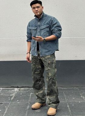 SOS立裁多口袋迷彩工装裤美式硬汉水洗磨毛拼接复古直筒休闲裤男