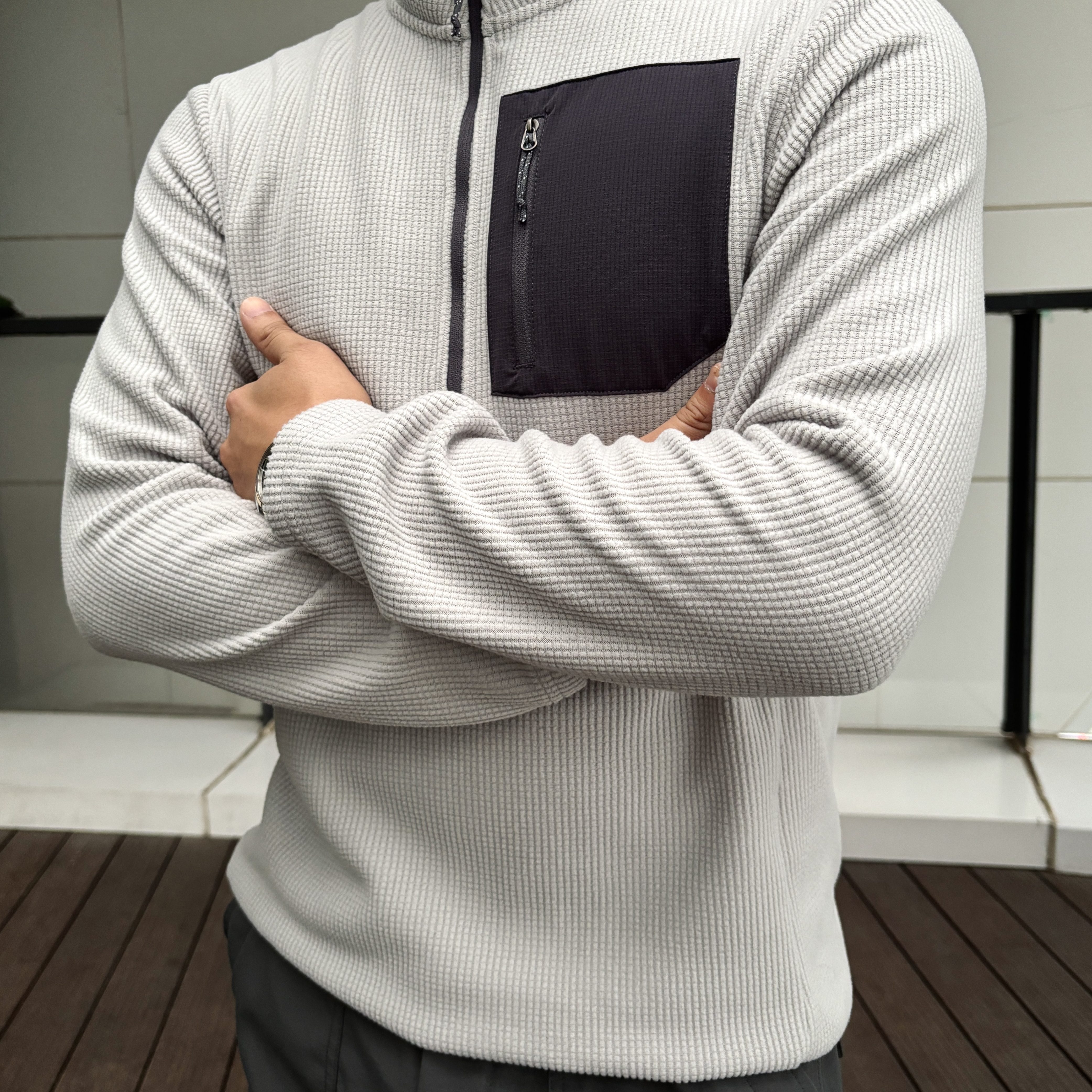 秋冬保暖半拉链格纹抓绒衫