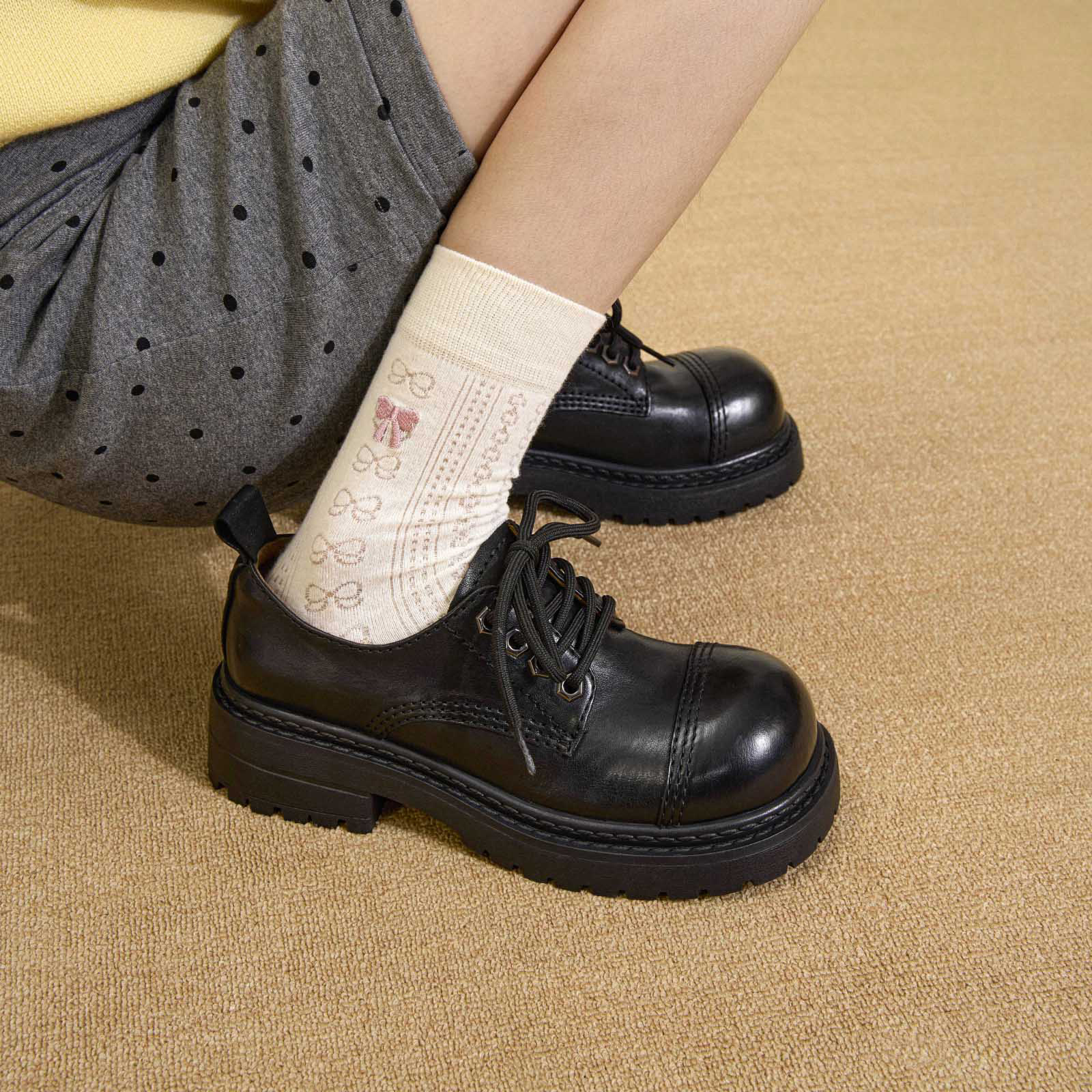 玛速主义2025年冬季新款厚底粗跟系带乐福鞋黑色小皮鞋休闲单鞋女