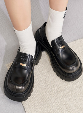 玛速主义2026年春季新款时尚黑色小皮鞋厚底粗跟乐福鞋小个子单鞋