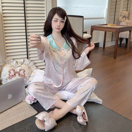 尚构睡衣女长袖冰丝秋冬家居服套装可爱条纹翻领可外穿薄款舒适