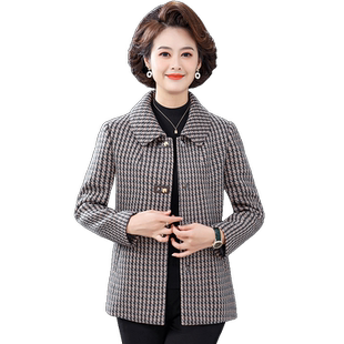 妈妈春装格子毛呢外套新款洋气50岁中老年女春秋短款翻领呢子上衣