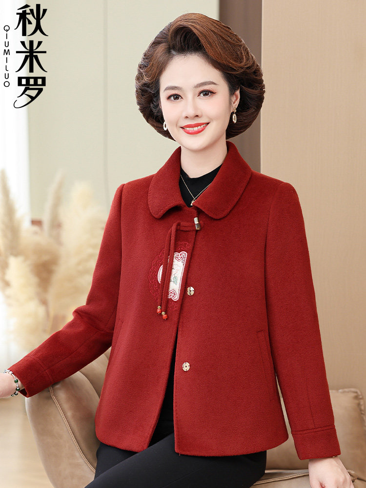 中年妈妈秋装毛呢外套洋气质新中式中老年人女装秋冬季呢子上衣服