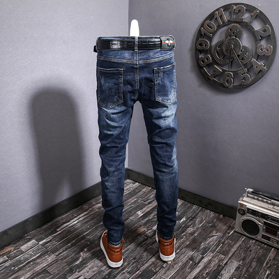 破洞补丁牛仔裤男士弹力修身