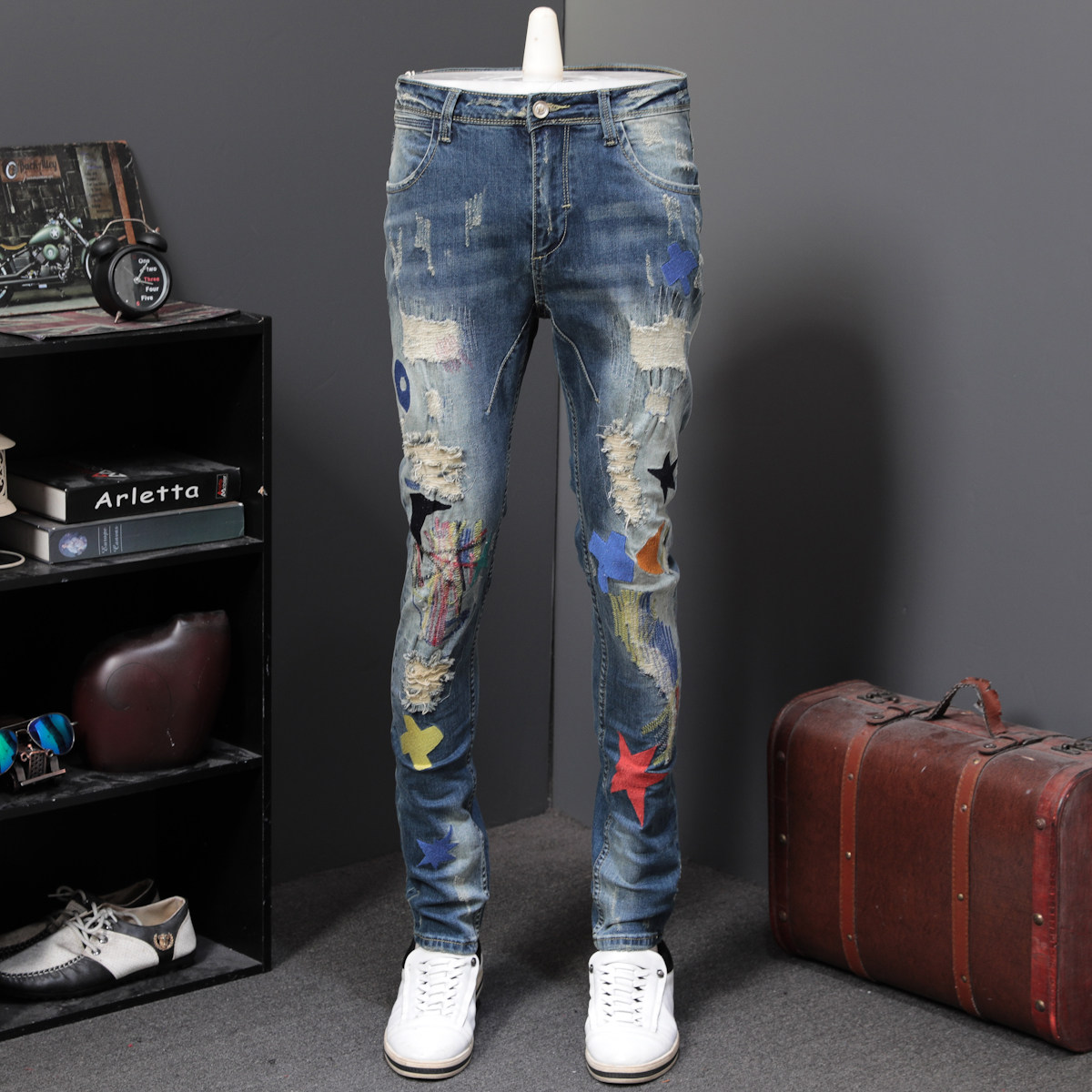 春夏秋新款欧美刺绣弹力破洞补丁牛仔裤男炫彩潮流纯棉长裤子复古