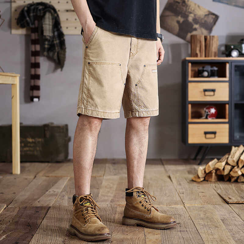 土黄色复古水洗高密度竹节棉美式伐木裤工装裤休闲男短裤中裤五分