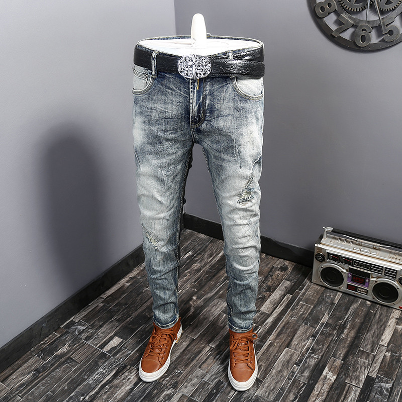 2026春秋牛仔裤新款高端复古男潮牌破洞休闲裤子修身小脚裤子918