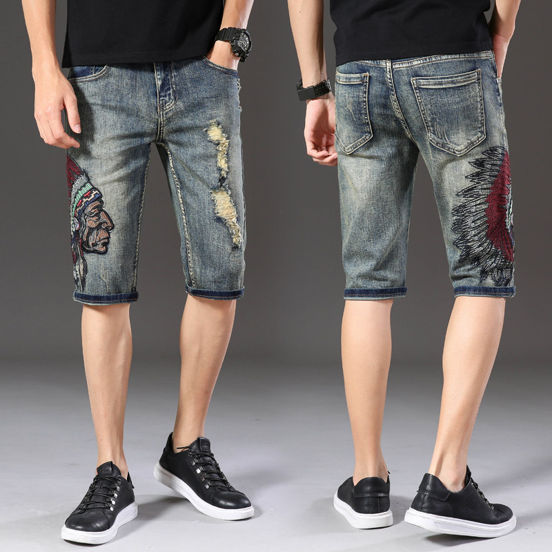 夏季薄款刺绣牛仔短裤男修身弹力欧美个性五分裤复古5分中裤潮流