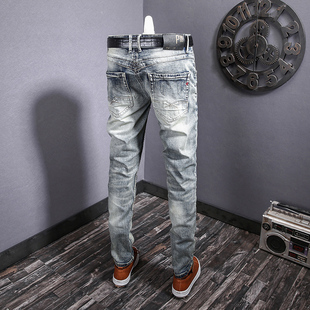 秋冬复古牛仔裤男士潮牌时尚破洞补丁青年弹力修身直筒长裤子怀旧