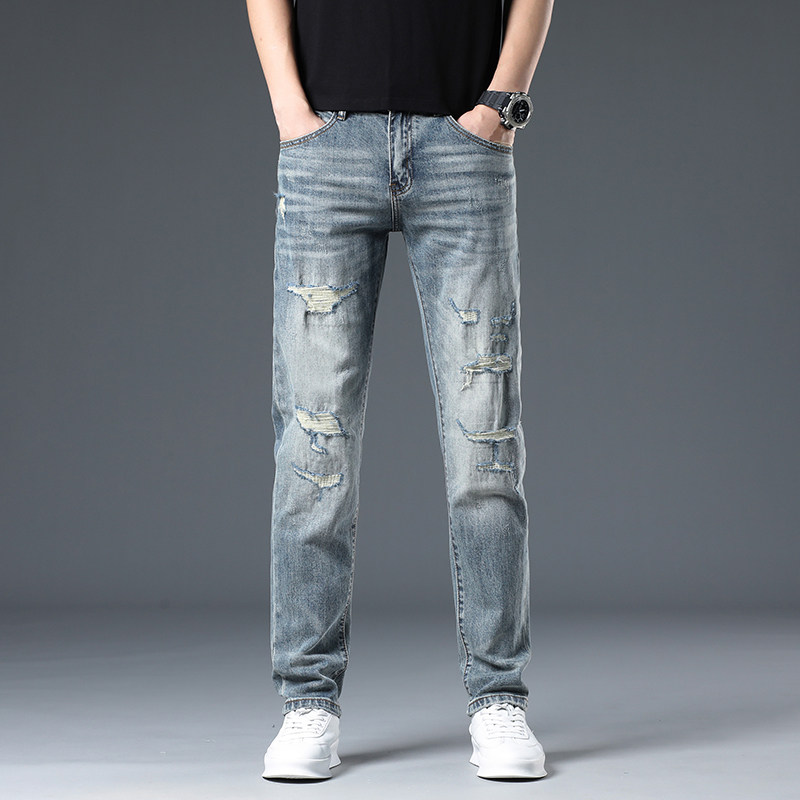 新款秋季牛仔裤男潮牌修身小直筒补丁破洞修身长裤蓝水洗乞丐裤子