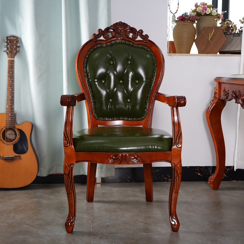 欧式实木餐椅家用真皮简约扶手椅子麻将酒店接待休闲洽谈靠背椅子