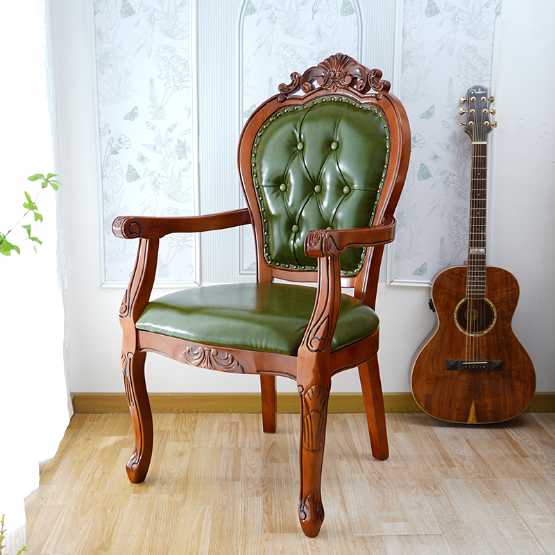 绿皮休闲椅欧式实木椅真皮扶手椅酒店别墅餐椅洽谈椅会议椅美式