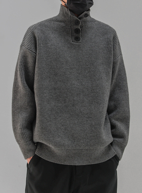 秋冬季新款日系复古纽扣半高领毛衣男加厚保暖套头内搭打底针织衫