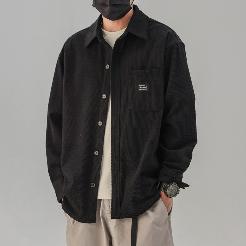 春秋季华夫格长袖衬衫男士宽松休闲翻领工装衬衣日系复古休闲外套