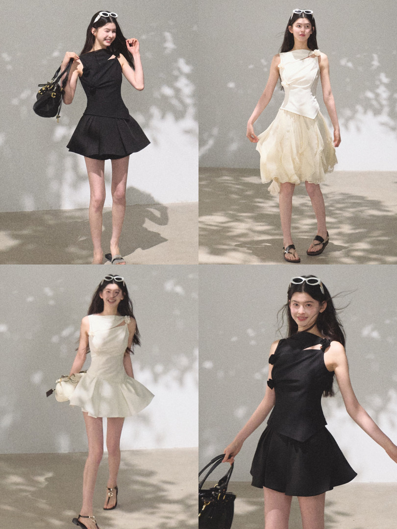 Collage of models wearing sleeveless black and cream dresses