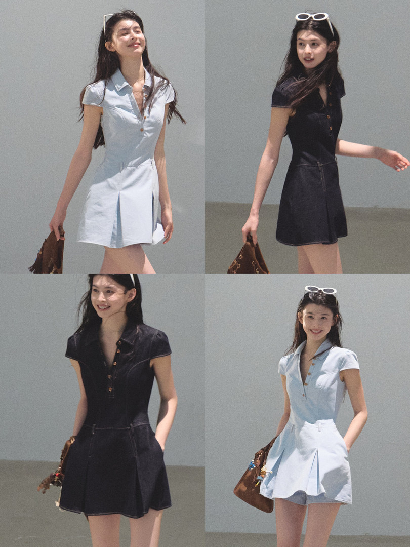 Model wearing a short-sleeve collared mini dress in light blue and black