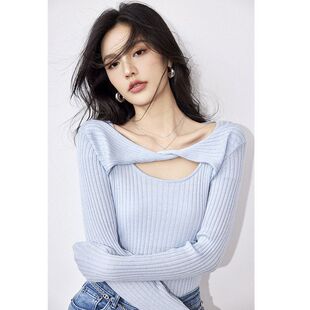 G8652春季新款纯欲性感小女人镂空设计感扭结针织毛衫女长袖上衣