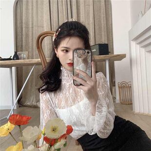 长袖性感辣妹蕾丝打底衫女高领透视网纱上衣精致缕空仙女雪纺衫