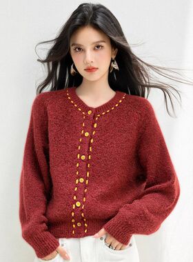 G6738秋冬新款外套女红色宽松长袖针织上衣厚实保暖精品女装甜美