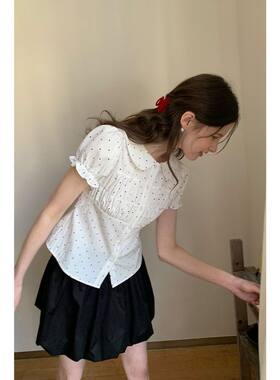 EGGKA少女翻领泡泡袖波点衬衫女