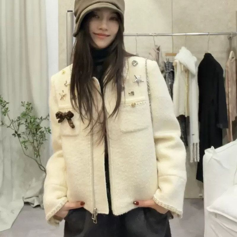 DD【白色恋人】羽绒服女小众羊毛呢外套白鸭绒夹克机车帅气冬保暖