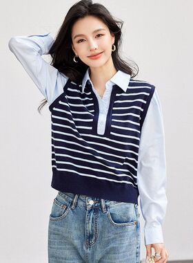 G9010春装polo领藏青条纹衬衫叠穿百搭马甲+衬衫假两件衬衣女长袖