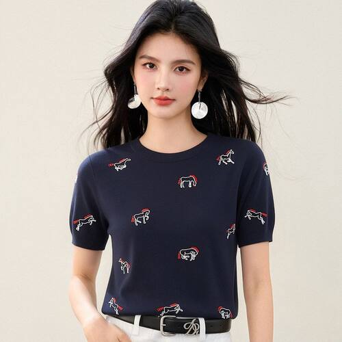 R6538修身小个子夏季重工T恤小马刺绣时髦正肩圆领短袖针织衫上衣
