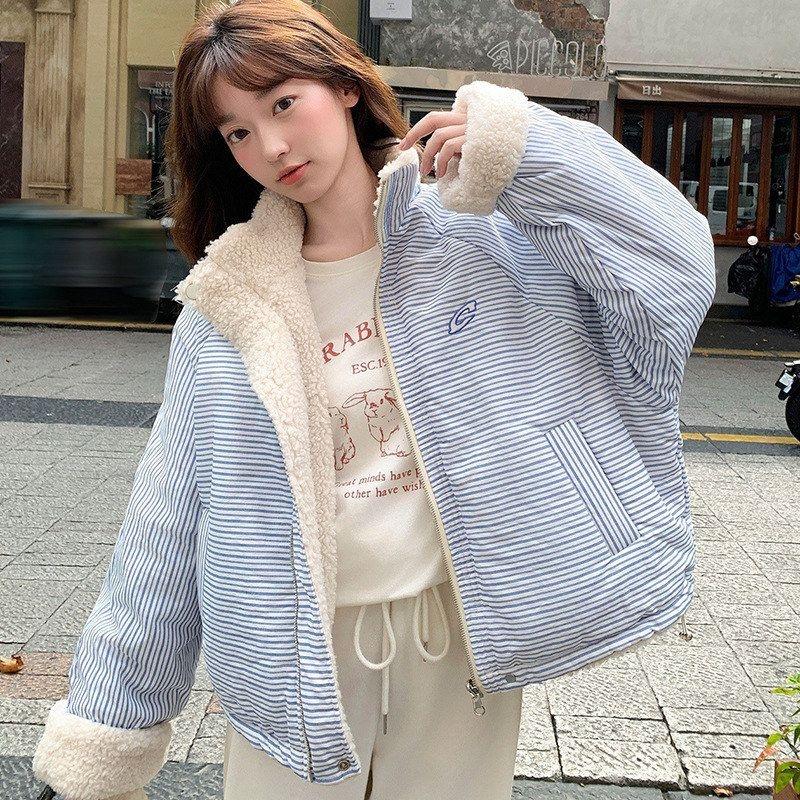 E5950美式复古条纹两面穿羊羔绒棉服2025冬季新款女宽松加厚外套