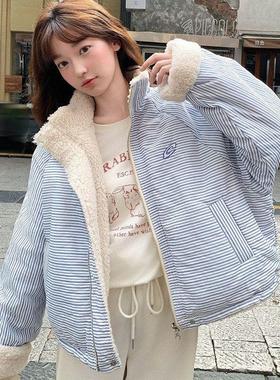 E5950美式复古条纹两面穿羊羔绒棉服2025冬季新款女宽松加厚外套
