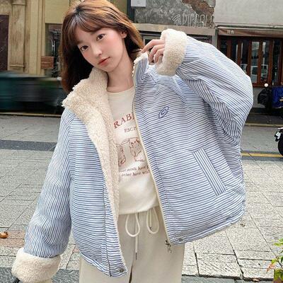 E5950美式复古条纹两面穿羊羔绒棉服2025冬季新款女宽松加厚外套