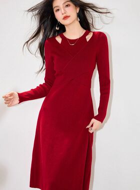 R5902跨境红色挂脖镂空连衣裙设计感交叉修身显瘦长袖中长款毛衣