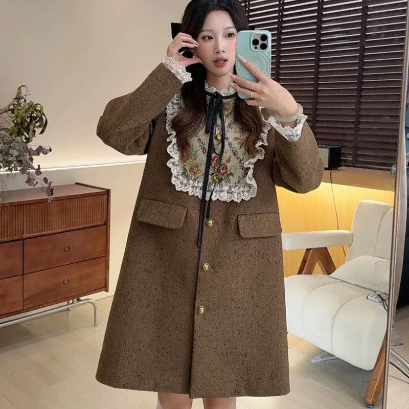 DD【晚枫落叶】连衣裙外套略厚刺绣微胖大码显瘦风衣秋冬设计感潮