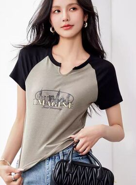 G9164美式复古字母印花短袖女T恤女短袖修身弹力小个子上衣夏季潮