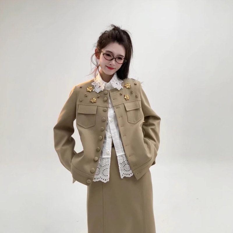 NN【精奢雅士套装】小众女装法式复古夹克外套气质卡其两件套春季