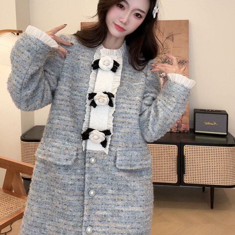 N006油序曲羽绒外套女中长款连衣裙宽松蓝色粗纺小香风加厚小众冬