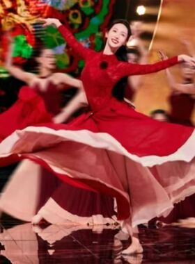 金晨古典舞演出服光亮红色练功服艺考双层古典舞大摆裙年会演出服