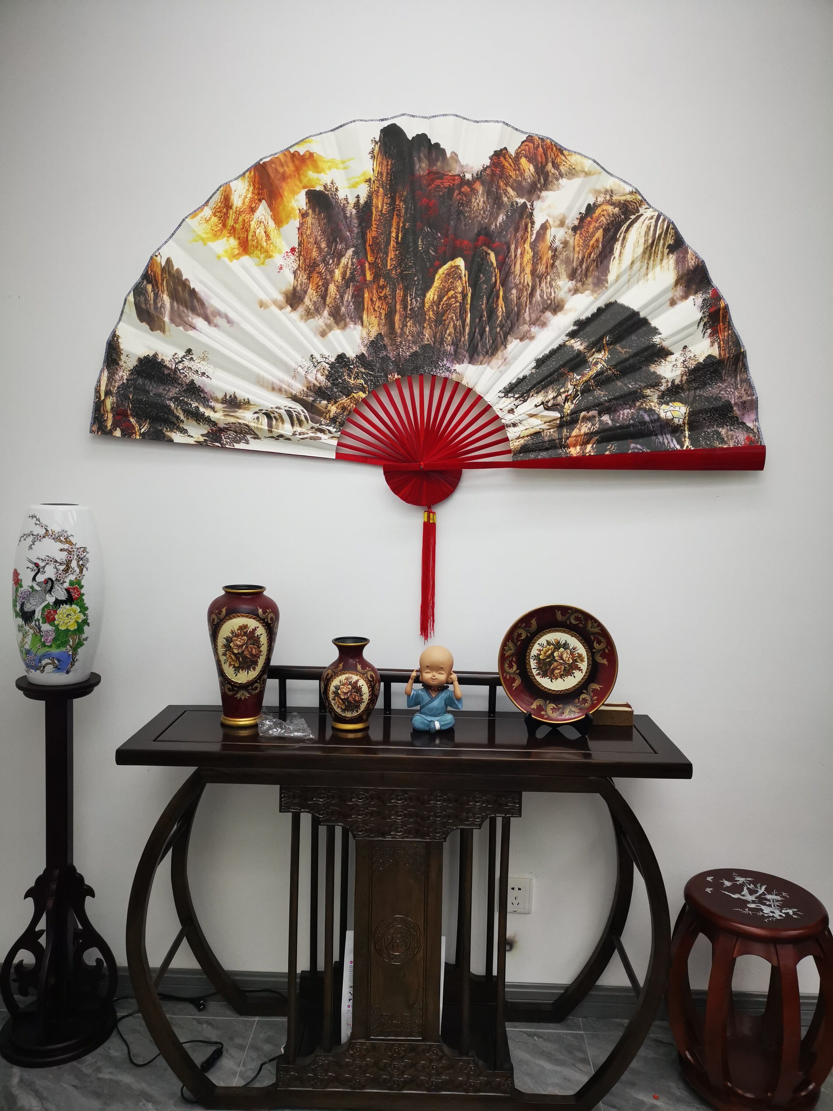 新中式大挂扇沙发电视背景墙装饰扇中国风山水画大扇子大折扇秋景