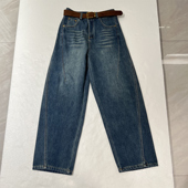 BARRIFAIT 加绒加厚翻毛皮皮带6条杠水洗牛仔弯刀阔腿裤