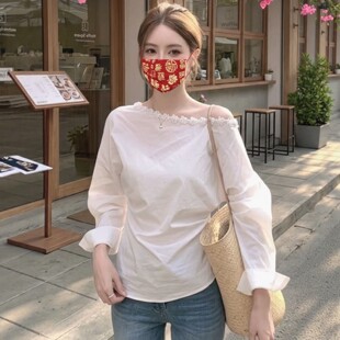 不规则斜肩钉珠花朵衬衫女春季法式别致收腰小衫设计感长袖上衣