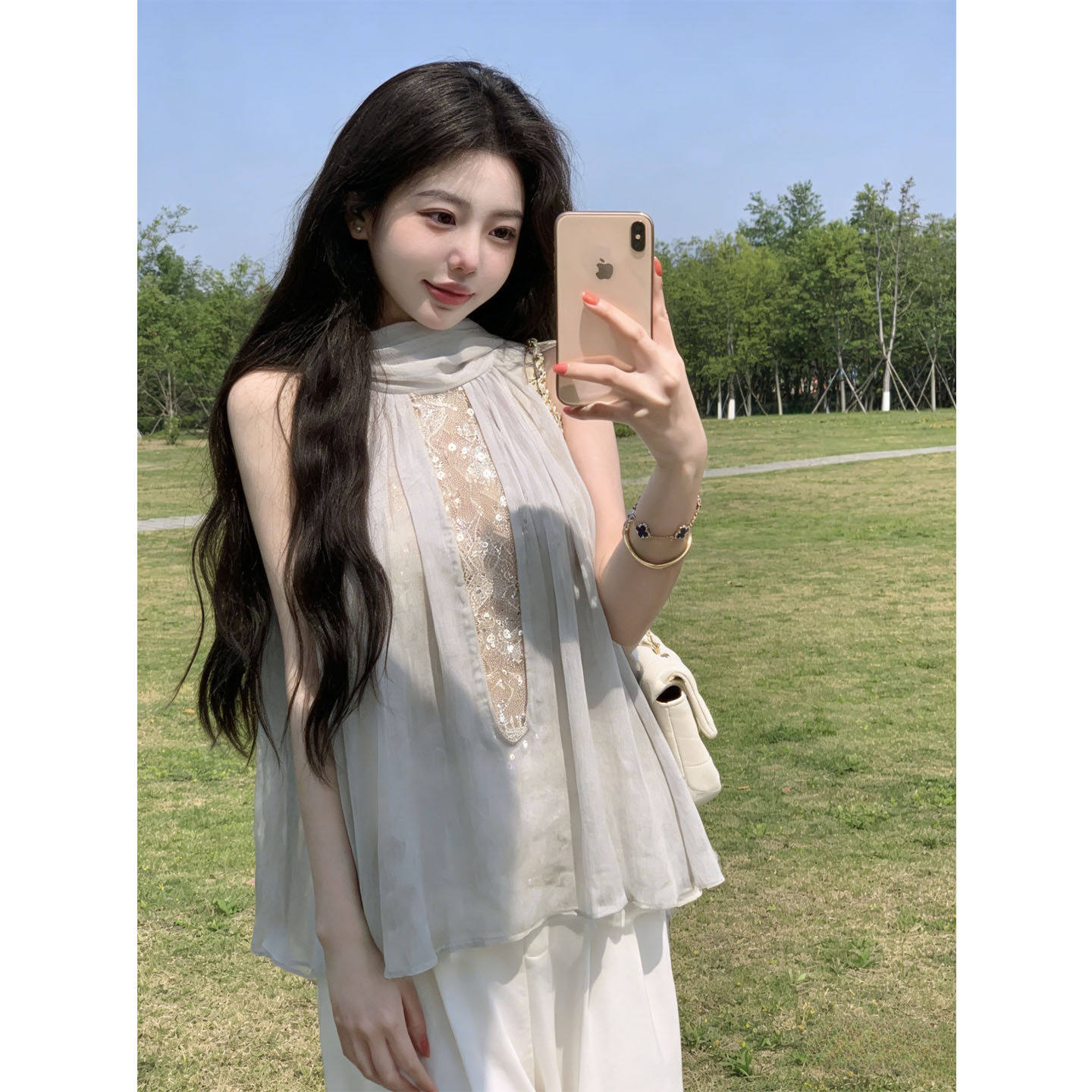 法式蕾丝拼接无袖衬衫上衣女设计感小众气质休闲裤套装搭配一整套