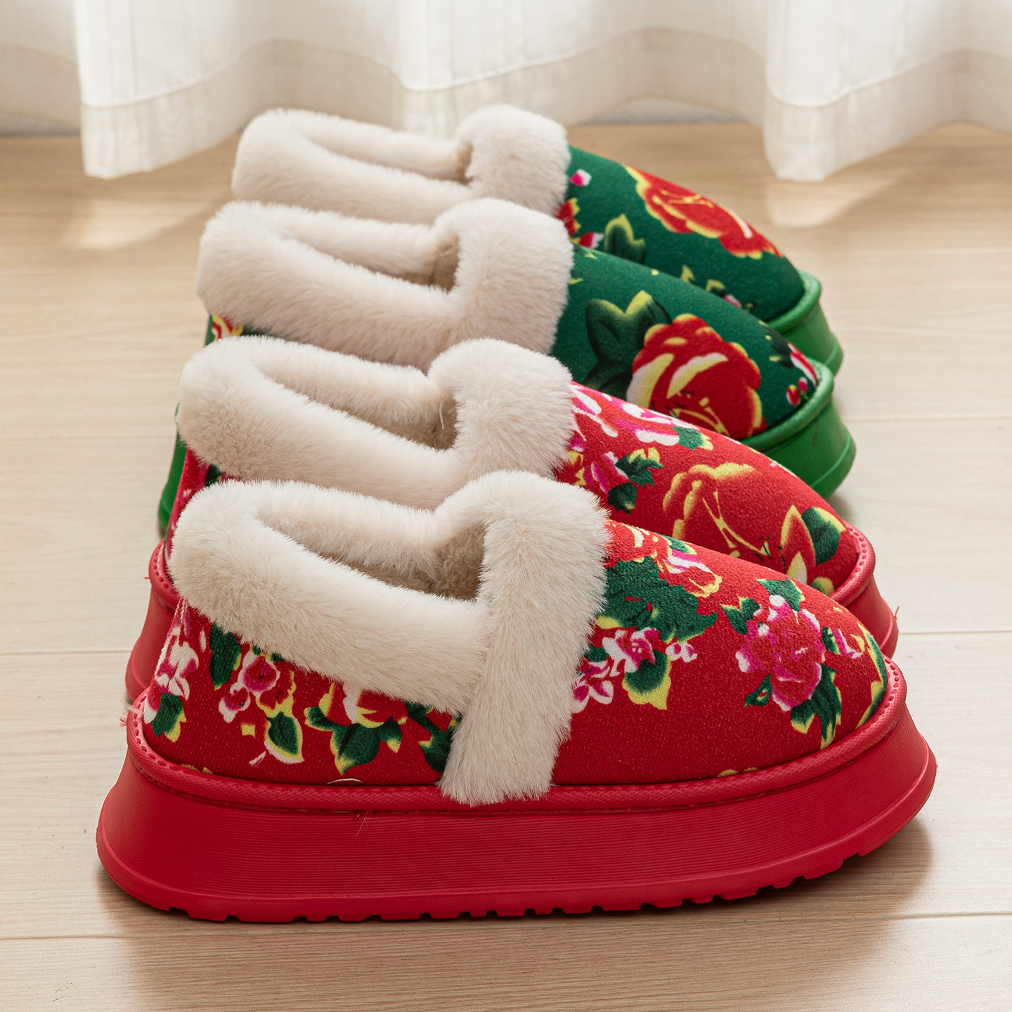 红色包跟棉拖鞋厚底防滑保暖毛绒